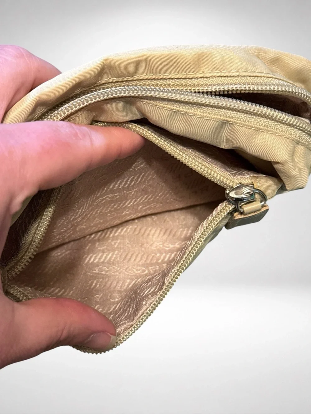PRADA Authentic Nylon Cosmetic Pouch Beige Zip Makeup Travel Toiletry Bag